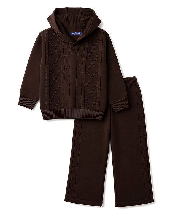 Pine Kids Knit Full Sleeves Hooded Solid Colour Sweater Set With Cable Knit Design- Brown