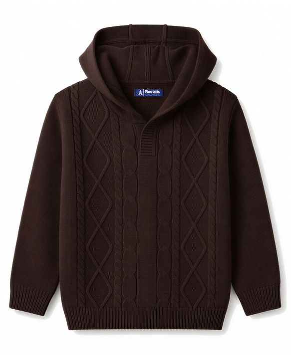 Pine Kids Knit Full Sleeves Hooded Solid Colour Sweater Set With Cable Knit Design- Brown