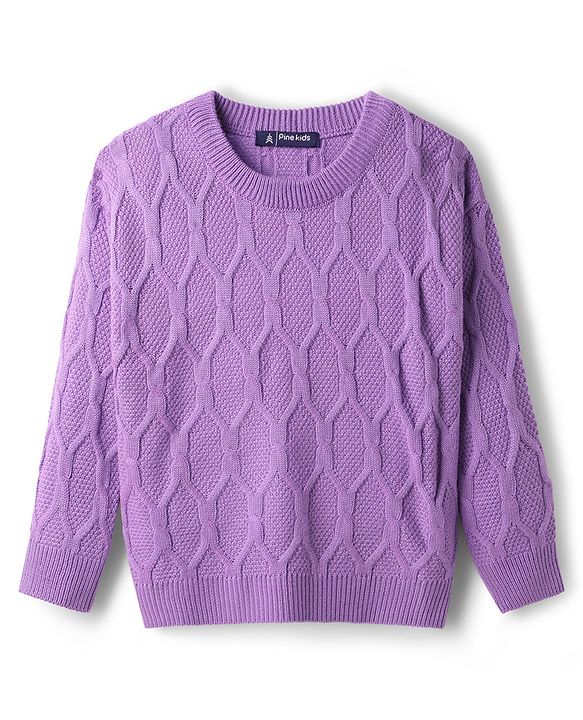 Pine Kids Knit Full Sleeves Cable Knit Designed Solid Colour  Sweater Set - Purple