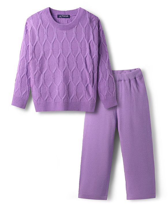 Pine Kids Knit Full Sleeves Cable Knit Designed Solid Colour  Sweater Set - Purple