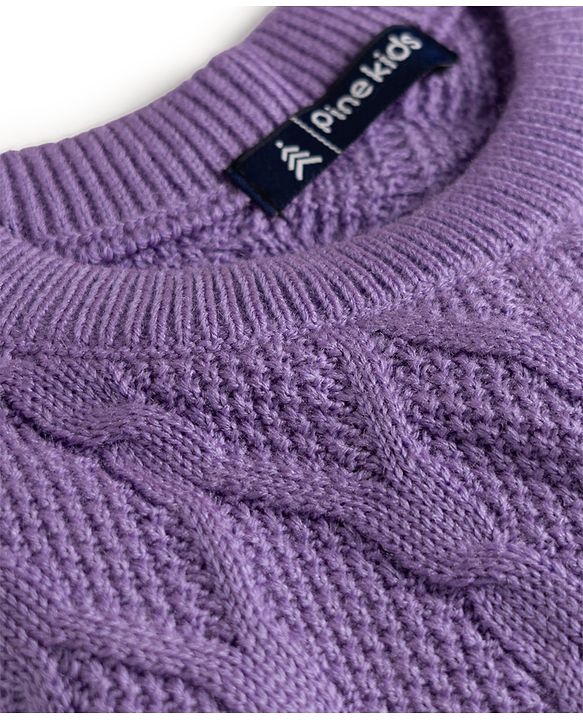 Pine Kids Knit Full Sleeves Cable Knit Designed Solid Colour  Sweater Set - Purple