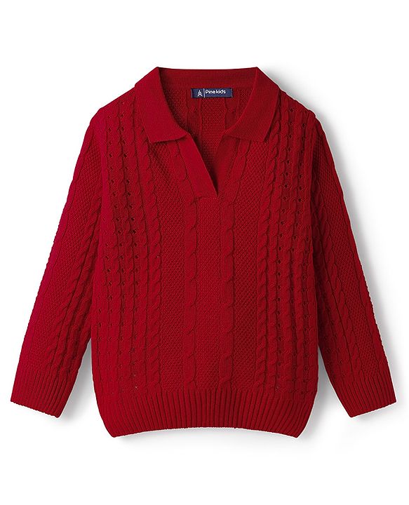 Pine Kids Knit Full Sleeves Polo Collar Solid Sweater Set with Cable Knit Design - Dark Red