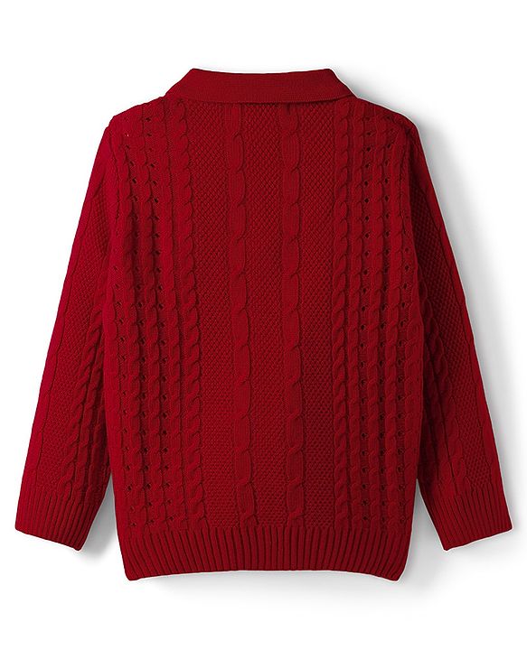 Pine Kids Knit Full Sleeves Polo Collar Solid Sweater Set with Cable Knit Design - Dark Red