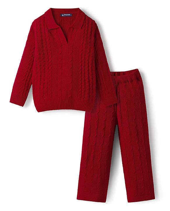 Pine Kids Knit Full Sleeves Polo Collar Solid Sweater Set with Cable Knit Design - Dark Red