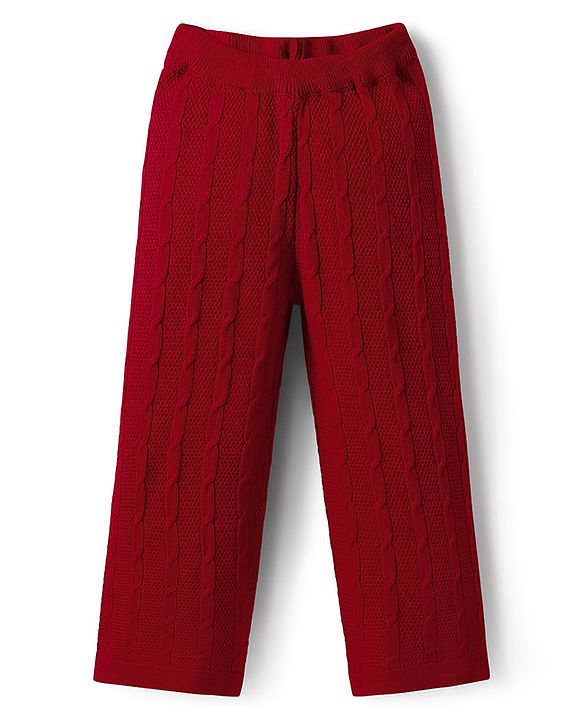 Pine Kids Knit Full Sleeves Polo Collar Solid Sweater Set with Cable Knit Design - Dark Red