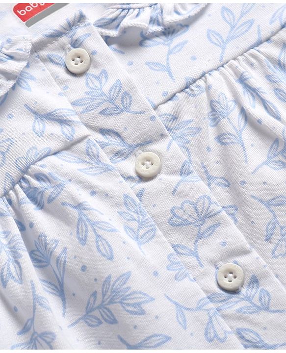 Babyhug 100% Cotton Knit Half Sleeves Front Open Co-Ords Floral Printed Top & Pajama Night Suit - White & Blue