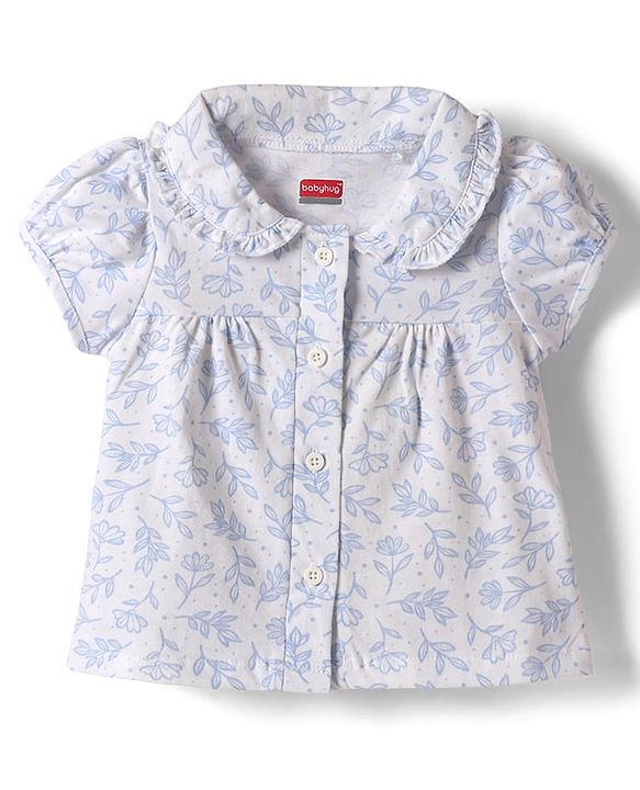 Babyhug 100% Cotton Knit Half Sleeves Front Open Co-Ords Floral Printed Top & Pajama Night Suit - White & Blue