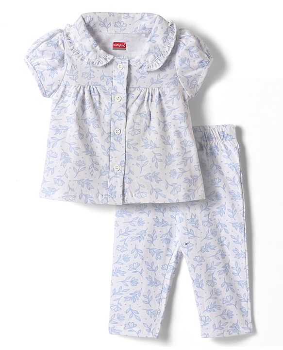 Babyhug 100% Cotton Knit Half Sleeves Front Open Co-Ords Floral Printed Top & Pajama Night Suit - White & Blue
