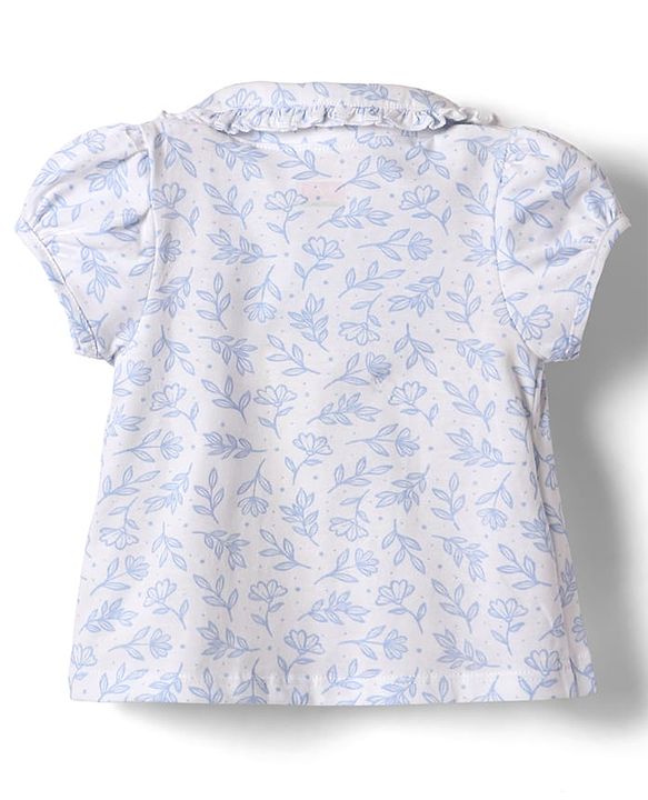 Babyhug 100% Cotton Knit Half Sleeves Front Open Co-Ords Floral Printed Top & Pajama Night Suit - White & Blue