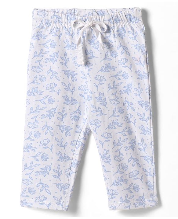 Babyhug 100% Cotton Knit Half Sleeves Front Open Co-Ords Floral Printed Top & Pajama Night Suit - White & Blue