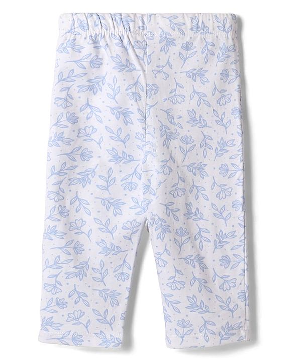 Babyhug 100% Cotton Knit Half Sleeves Front Open Co-Ords Floral Printed Top & Pajama Night Suit - White & Blue