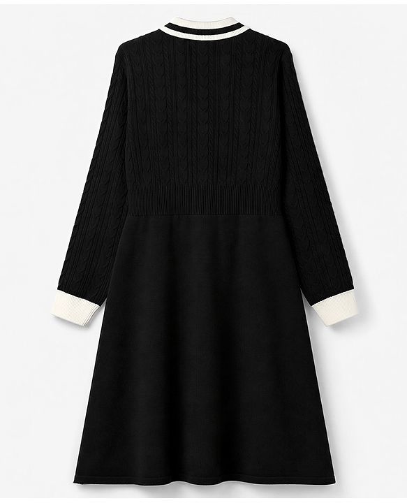 Pine Kids Knit Full Sleeves Woollen Dress with Cable Knit Design - Black