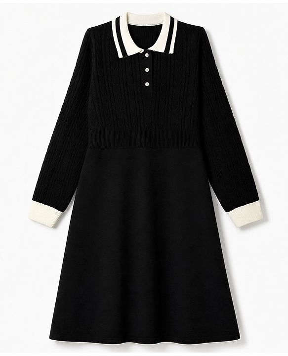 Pine Kids Knit Full Sleeves Woollen Dress with Cable Knit Design - Black