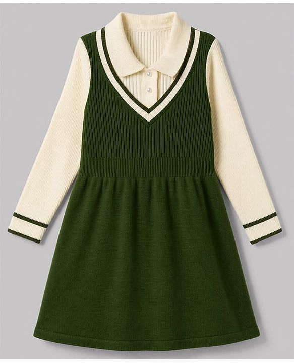Pine Kids Knit Full Sleeves Solid Woolen Dress - Green