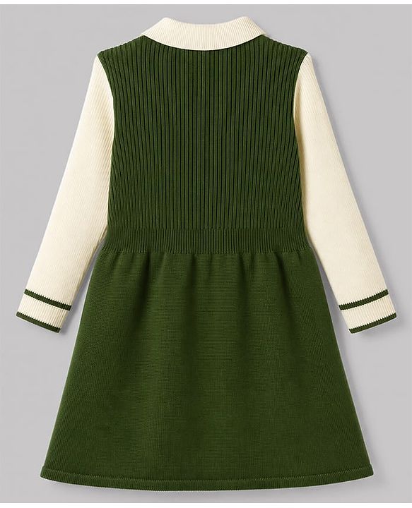 Pine Kids Knit Full Sleeves Solid Woolen Dress - Green