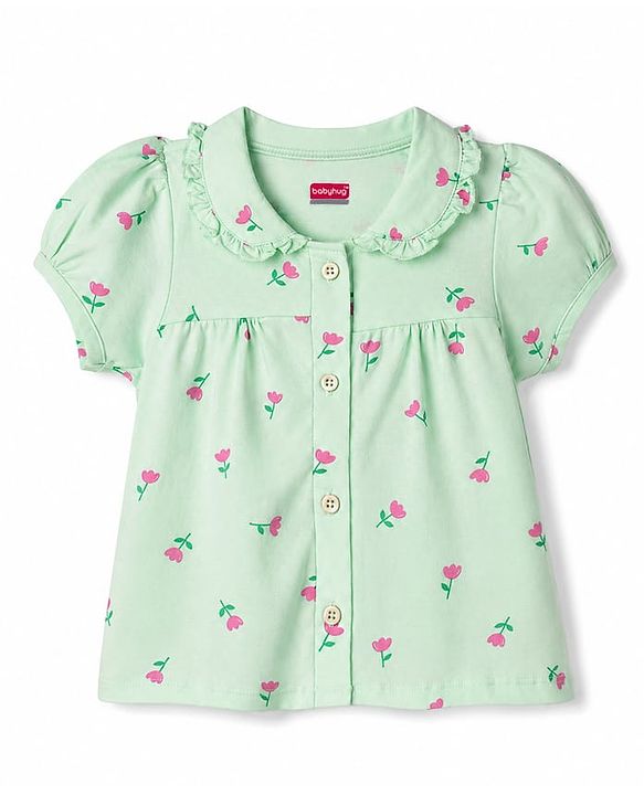 Babyhug 100% Cotton Knit Half Sleeves Front open Co-Ords Top & Pajama Night Suit with Floral Print - Sea Green