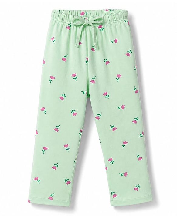 Babyhug 100% Cotton Knit Half Sleeves Front open Co-Ords Top & Pajama Night Suit with Floral Print - Sea Green