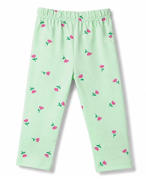Babyhug 100% Cotton Knit Half Sleeves Front open Co-Ords Top & Pajama Night Suit with Floral Print - Sea Green