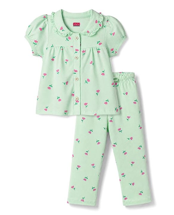 Babyhug 100% Cotton Knit Half Sleeves Front open Co-Ords Top & Pajama Night Suit with Floral Print - Sea Green