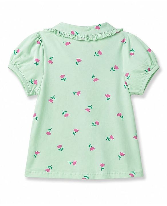 Babyhug 100% Cotton Knit Half Sleeves Front open Co-Ords Top & Pajama Night Suit with Floral Print - Sea Green