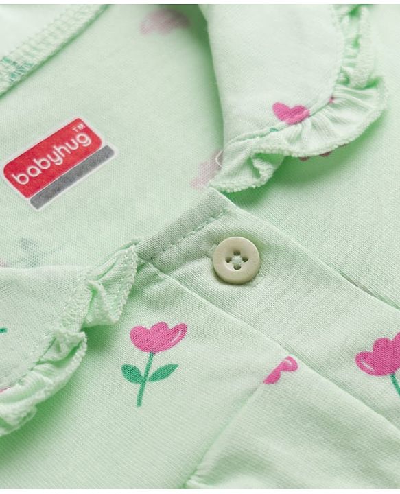 Babyhug 100% Cotton Knit Half Sleeves Front open Co-Ords Top & Pajama Night Suit with Floral Print - Sea Green