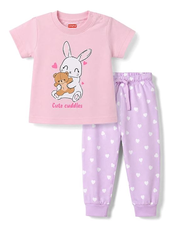 Babyhug 100% Cotton Knit Half Sleeves T-Shirt & Pyjama Night Suit With Heart & Bunny Print - Pink