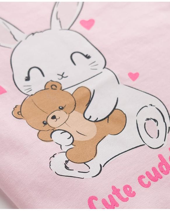 Babyhug 100% Cotton Knit Half Sleeves T-Shirt & Pyjama Night Suit With Heart & Bunny Print - Pink