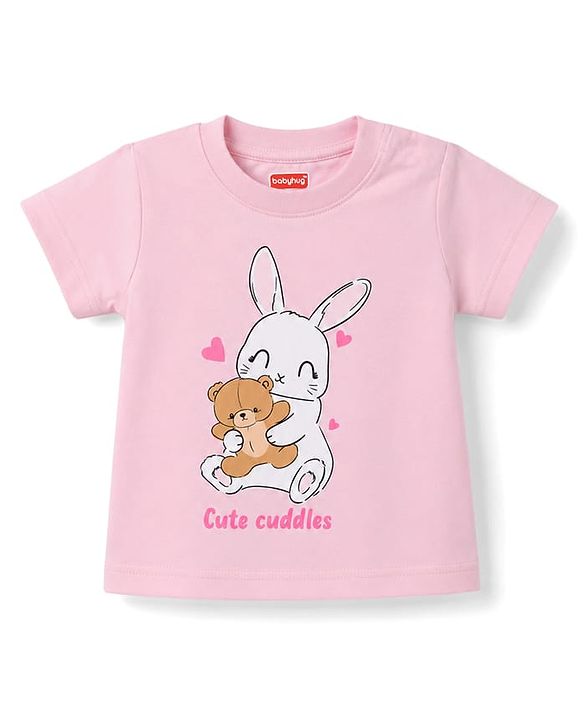 Babyhug 100% Cotton Knit Half Sleeves T-Shirt & Pyjama Night Suit With Heart & Bunny Print - Pink