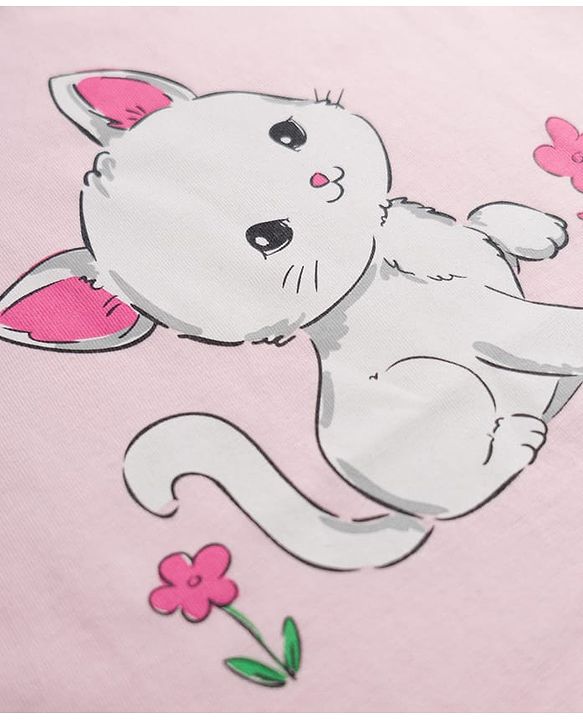 Babyhug 100% Cotton Knit Half Sleeves T-Shirt & Pyjama Night Suit With Cat & Polka Dot Print - Pink