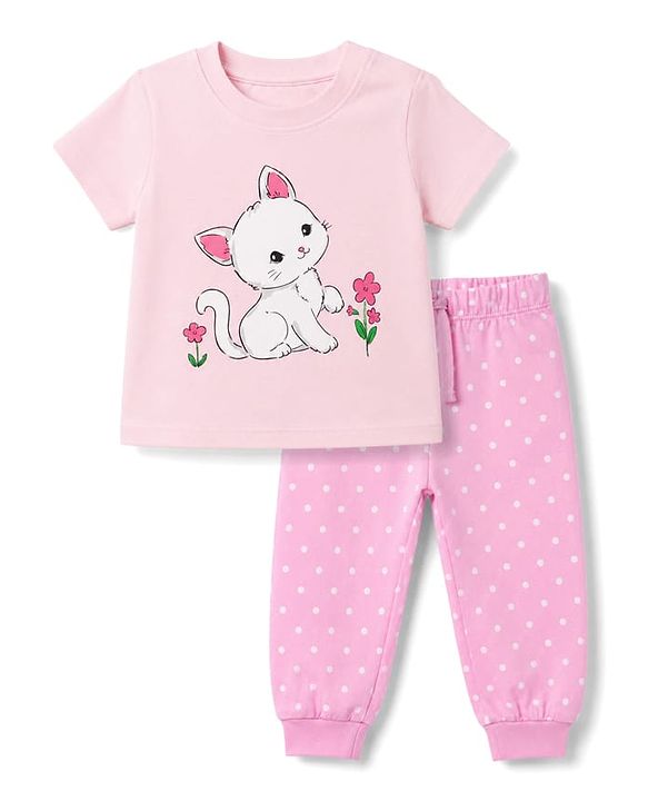 Babyhug 100% Cotton Knit Half Sleeves T-Shirt & Pyjama Night Suit With Cat & Polka Dot Print - Pink