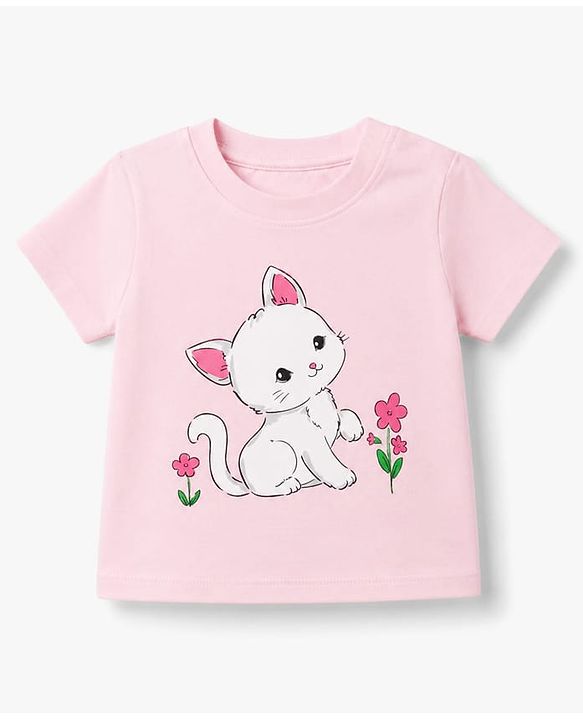 Babyhug 100% Cotton Knit Half Sleeves T-Shirt & Pyjama Night Suit With Cat & Polka Dot Print - Pink