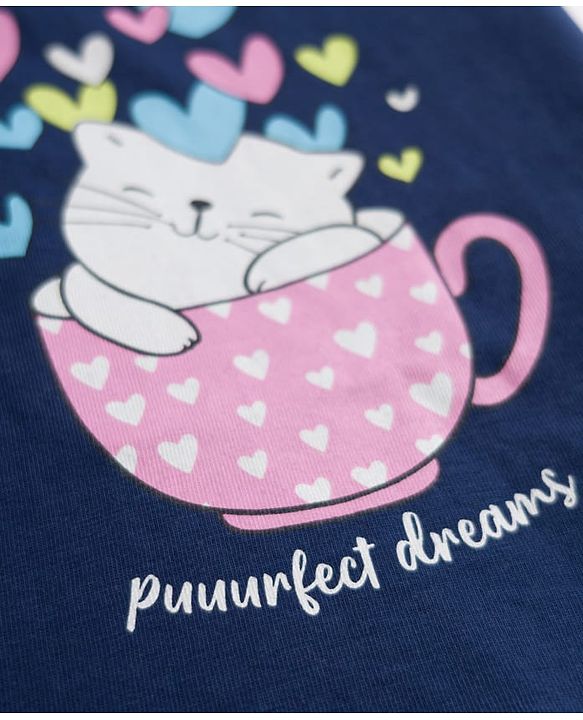 Babyhug 100% Cotton Knit Half Sleeves T-Shirt & Pyjama Night Suit With Cat & Heart Print - Navy