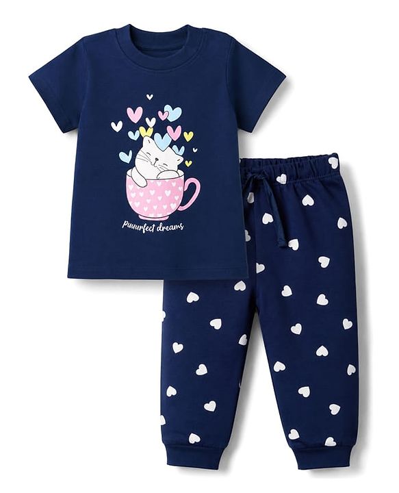 Babyhug 100% Cotton Knit Half Sleeves T-Shirt & Pyjama Night Suit With Cat & Heart Print - Navy