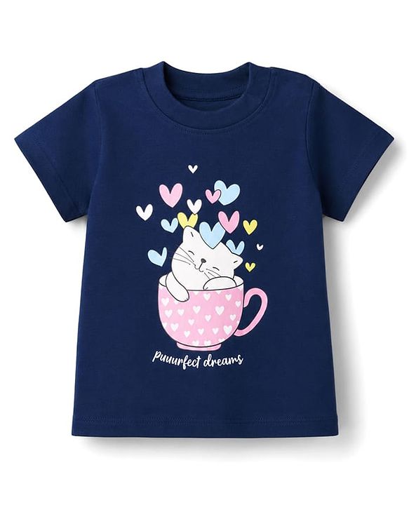 Babyhug 100% Cotton Knit Half Sleeves T-Shirt & Pyjama Night Suit With Cat & Heart Print - Navy