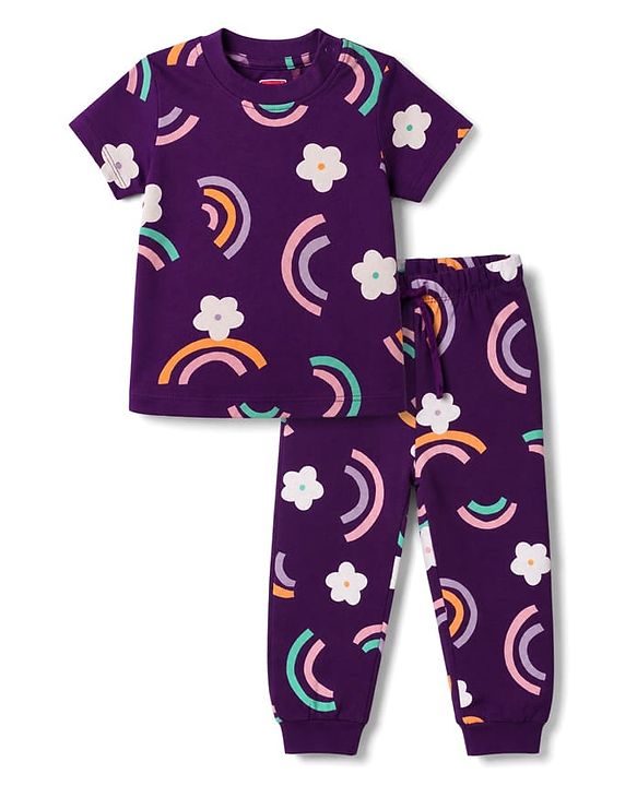 Babyhug 100% Cotton Knit Half Sleeves T-Shirt & Pyjama Night Suit With Rainbow & Floral Print - Purple