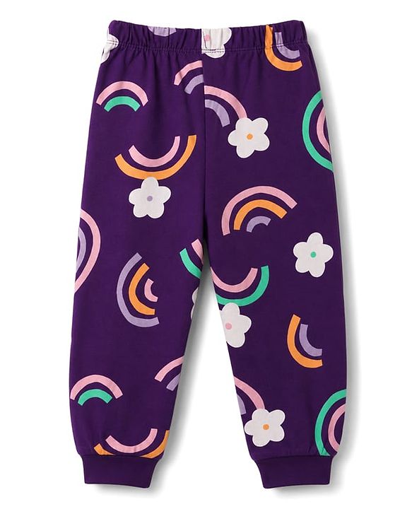 Babyhug 100% Cotton Knit Half Sleeves T-Shirt & Pyjama Night Suit With Rainbow & Floral Print - Purple
