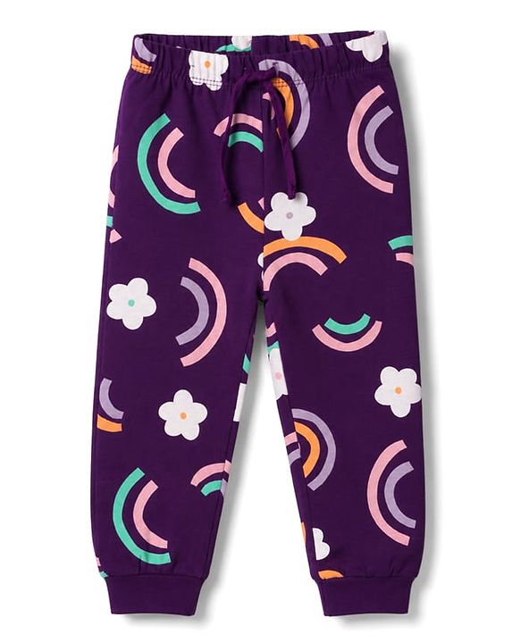 Babyhug 100% Cotton Knit Half Sleeves T-Shirt & Pyjama Night Suit With Rainbow & Floral Print - Purple