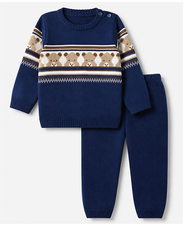 Babyhug Knit Sweater and Pants Set with Full Sleeves and Bear Placement Design in Navy Blue for 0-3 Months