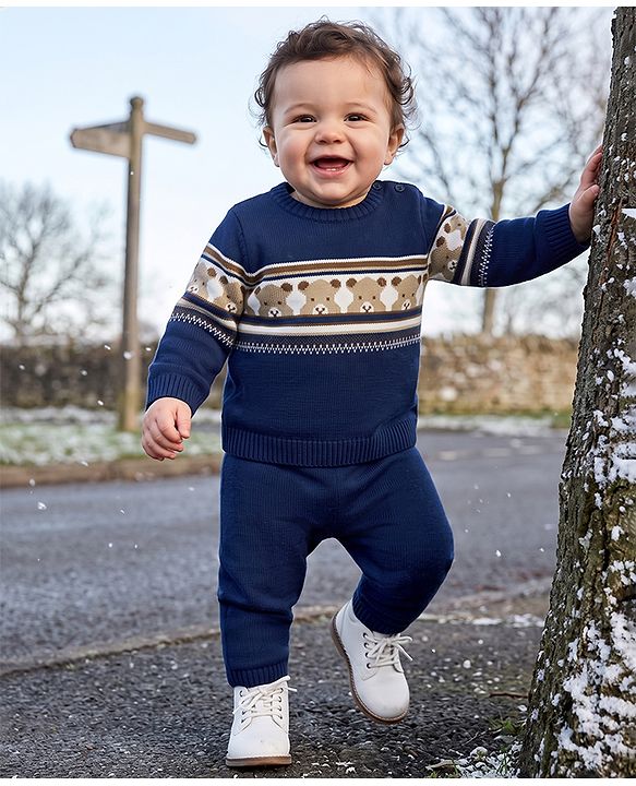 Babyhug Knit Sweater and Pants Set with Full Sleeves and Bear Placement Design in Navy Blue for 0-3 Months