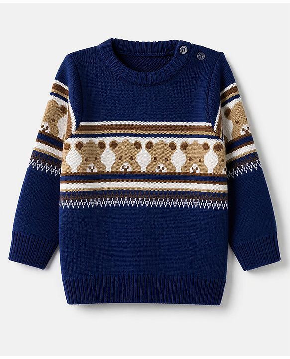 Babyhug Knit Sweater and Pants Set with Full Sleeves and Bear Placement Design in Navy Blue for 0-3 Months
