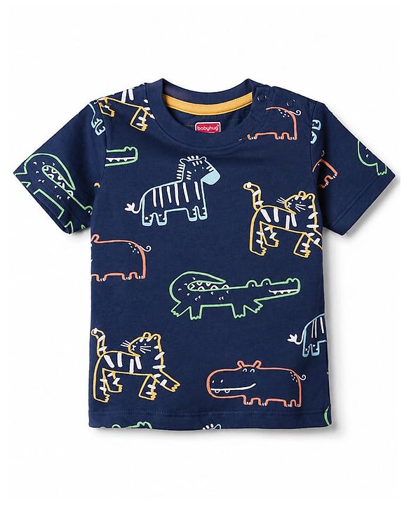Babyhug 100% Cotton Knit Half Sleeves Co-Ords T-Shirt & Pajama Night Suit with Dino Print -Navy