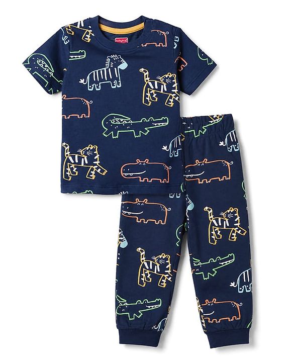 Babyhug 100% Cotton Knit Half Sleeves Co-Ords T-Shirt & Pajama Night Suit with Dino Print -Navy
