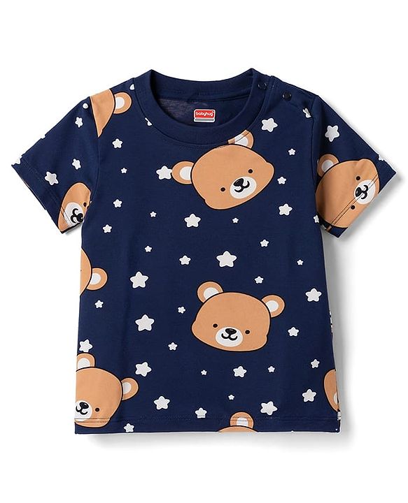 Babyhug 100% Cotton Knit Half Sleeves Co-Ords T-Shirt & Pajama Night Suit with Bear Print -Navy