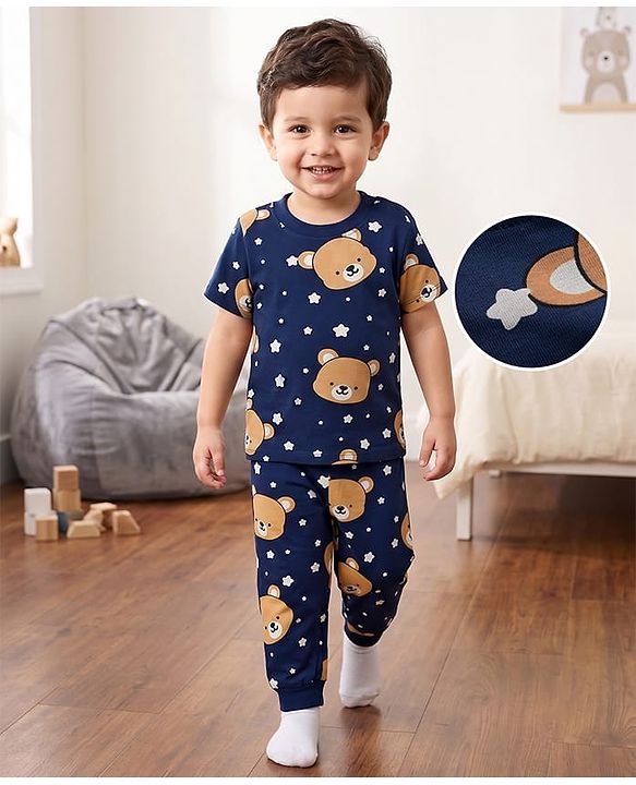 Babyhug 100% Cotton Knit Half Sleeves Co-Ords T-Shirt & Pajama Night Suit with Bear Print -Navy