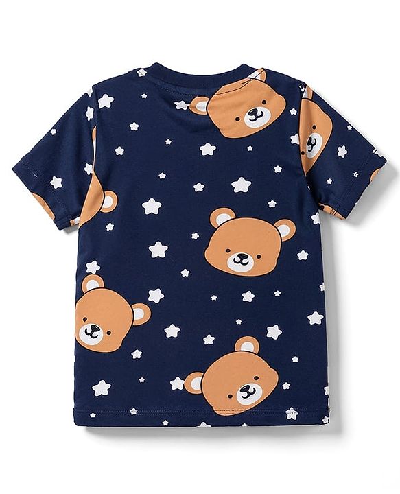 Babyhug 100% Cotton Knit Half Sleeves Co-Ords T-Shirt & Pajama Night Suit with Bear Print -Navy