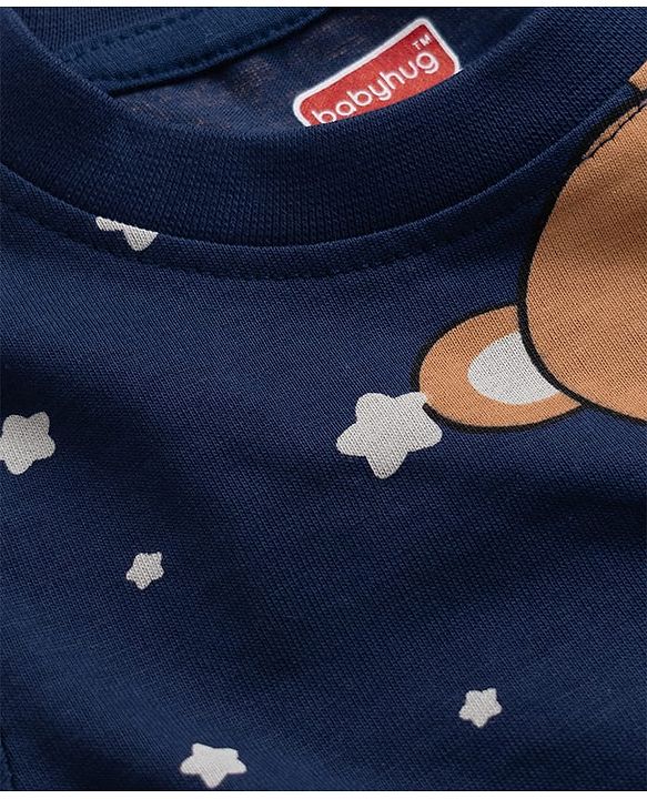 Babyhug 100% Cotton Knit Half Sleeves Co-Ords T-Shirt & Pajama Night Suit with Bear Print -Navy