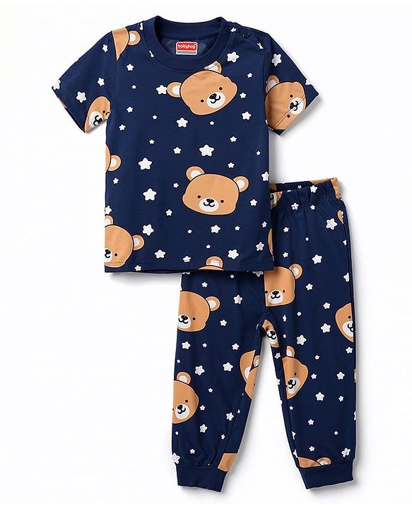 Babyhug 100% Cotton Knit Half Sleeves Co-Ords T-Shirt & Pajama Night Suit with Bear Print -Navy