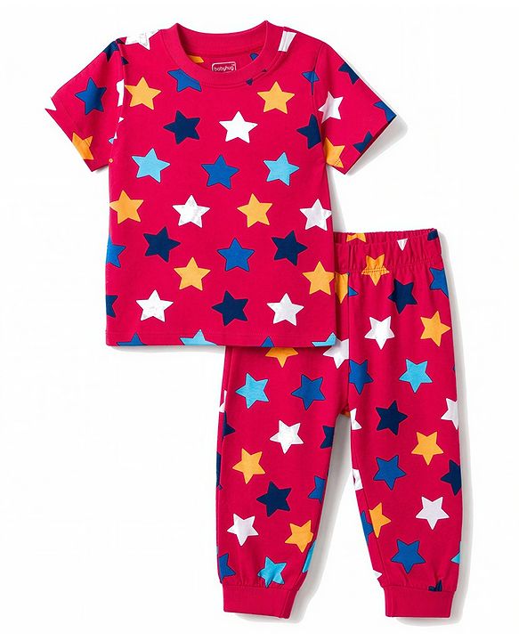 Babyhug 100% Cotton Knit Half Sleeves Star Printed Co-Ords T-Shirt & Pyjama Night Suit - Red