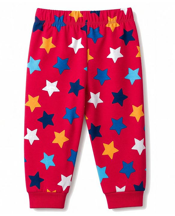 Babyhug 100% Cotton Knit Half Sleeves Star Printed Co-Ords T-Shirt & Pyjama Night Suit - Red