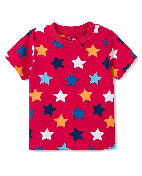 Babyhug 100% Cotton Knit Half Sleeves Star Printed Co-Ords T-Shirt & Pyjama Night Suit - Red